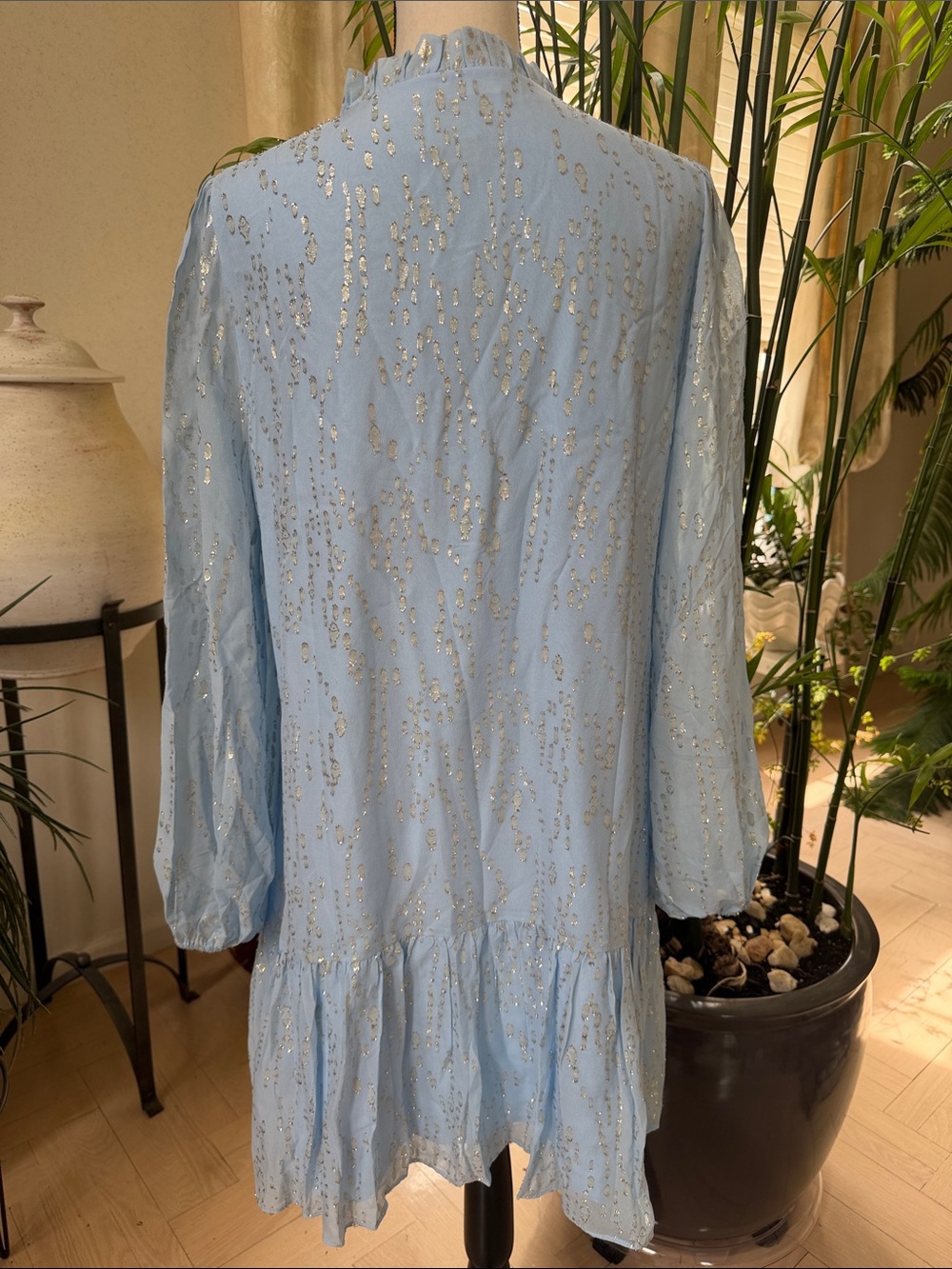 Lilly Pulitzer Pale Blue Metallic-Print Long Sleeve Ruffle Dress - Picture 6 of 10
